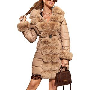 Bellivera Women Puffer Coat Faux Leather Long Padding Hooded Jacket with Belt